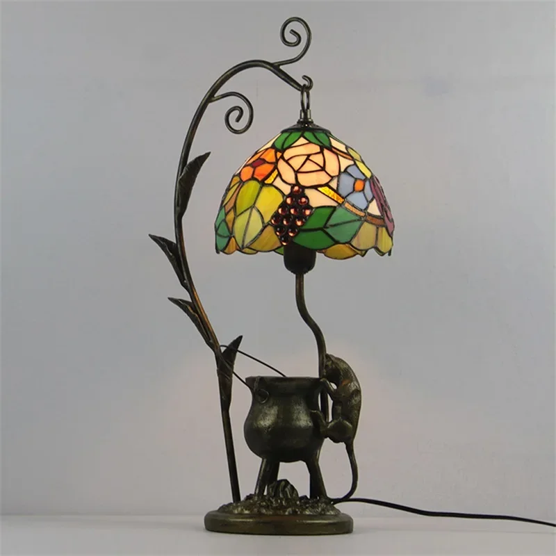 OUFULA Tiffany Table Lamp LED Vintage Color Glass Creative Cat Desk Light Fashion Decor For Home Hotel Bedroom Bedside