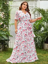 Plus Floral Print V Neck Chiffon Dress