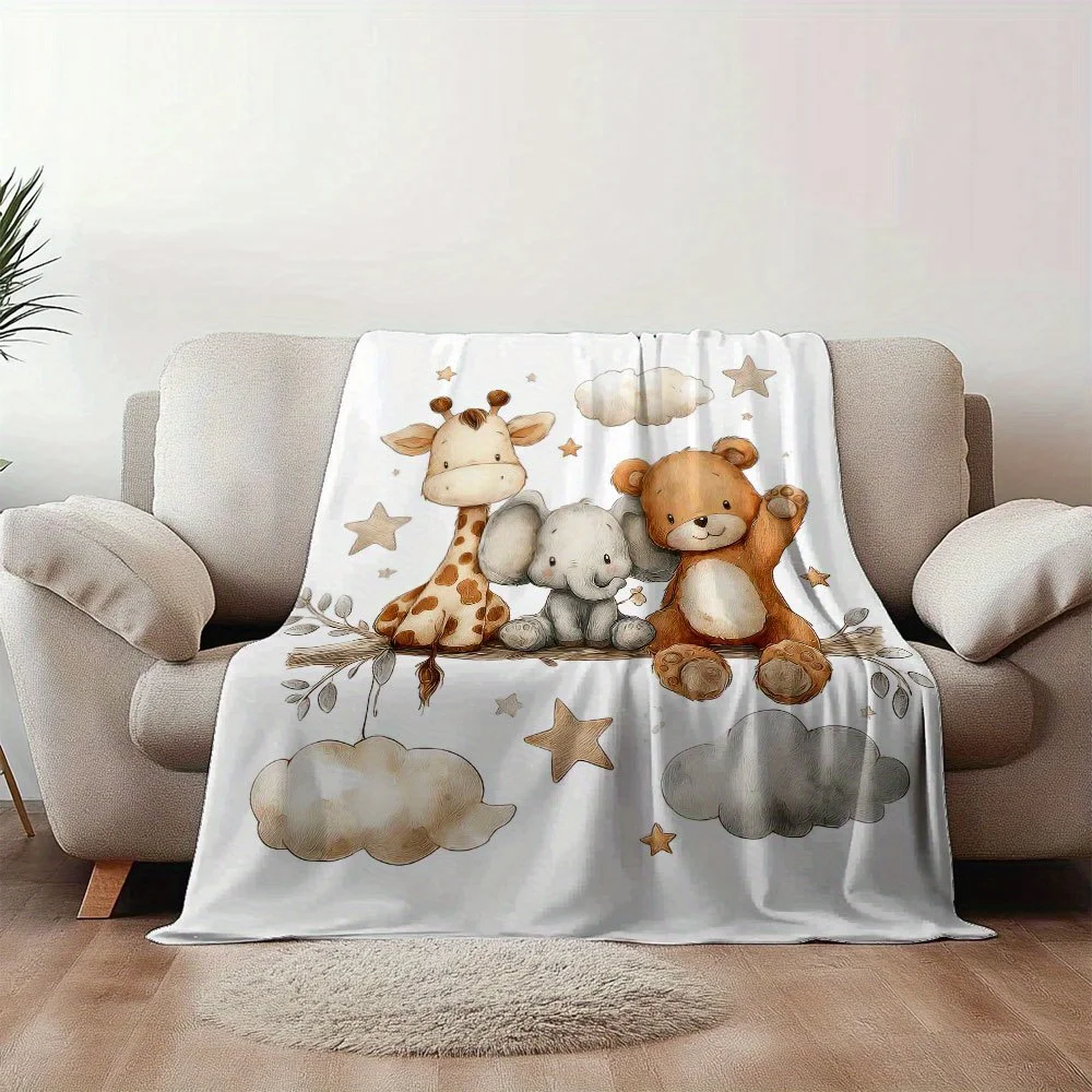 1pc Flannel Animal Print Blanket - Giraffe, Elephant, And Teddy Bear Bedspread, Soft And Lightweight Bedding, All-Season Neutral
