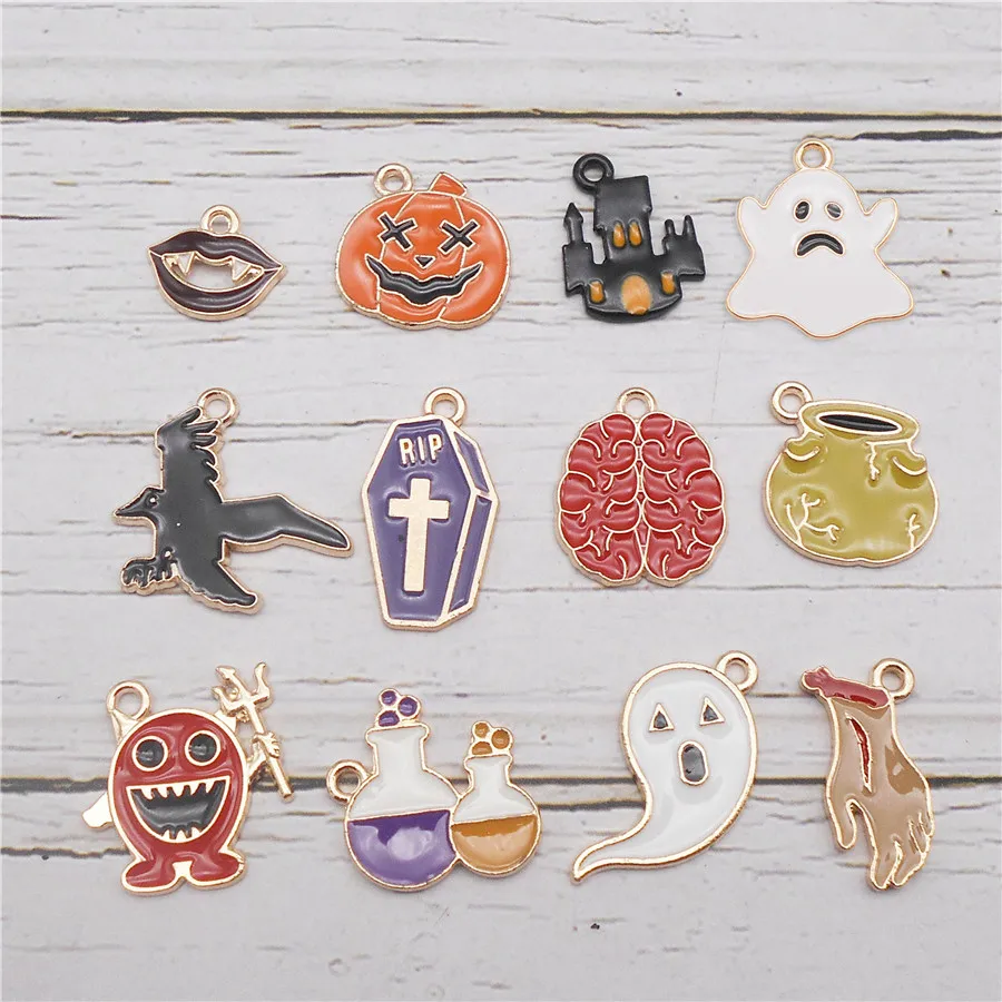 12PCS Mixed Enamel Halloween Charms Alloy Ghost Demon Raven Coffin Brain Hand Pumpkin Pendant Bracelet Jewelry Accessory