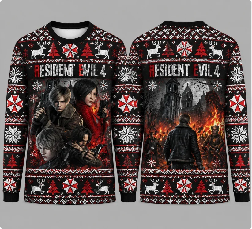 Resident Evil 4, pull de Noël moche, motif imprimé sur toute la surface, sweat à col rond, pull de Noël pour les fêtes.