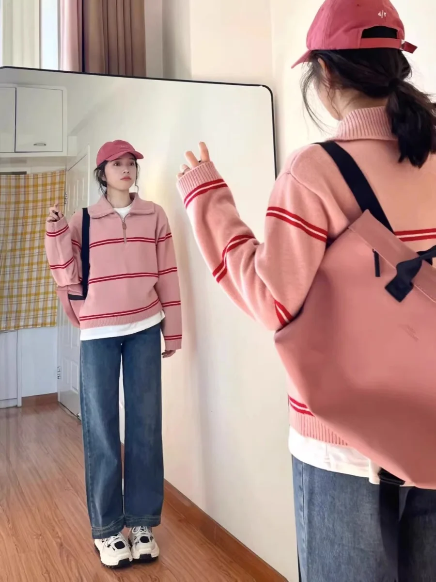 الوردي محبوك سترة مخطط كسول Sle الرجعية اللون بلو المرأة الخريف الشتاء حجم صغير العلوي بدوره طوق Kni...