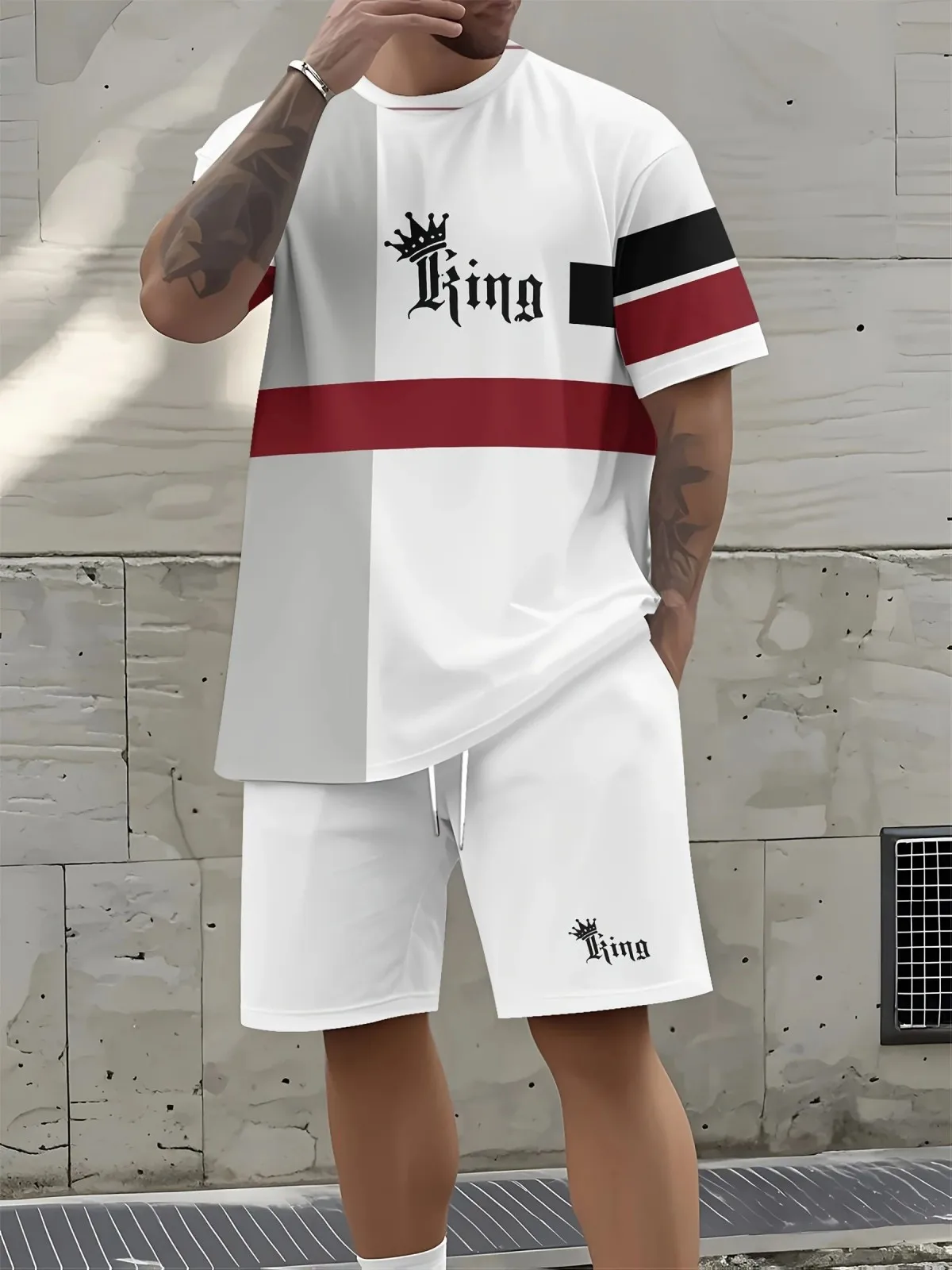

New summer men's letter printed casual round neck T-shirt and shorts set men's solid color sportswear loose two-piece suit