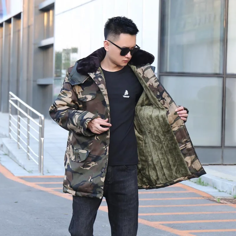 

Thiened камуфляжное хлопковое пальто с начесом для мужчин, зимняя спецодежда, защита от холода, теплая куртка с капюшоном, большая пуховая куртка