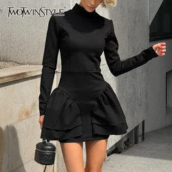 TWOTWINSTYLE Solid Minimalist Slimming Elegant Dresses For Women O Neck Long Sleeve High Waist Temperament Dress Female Fashion