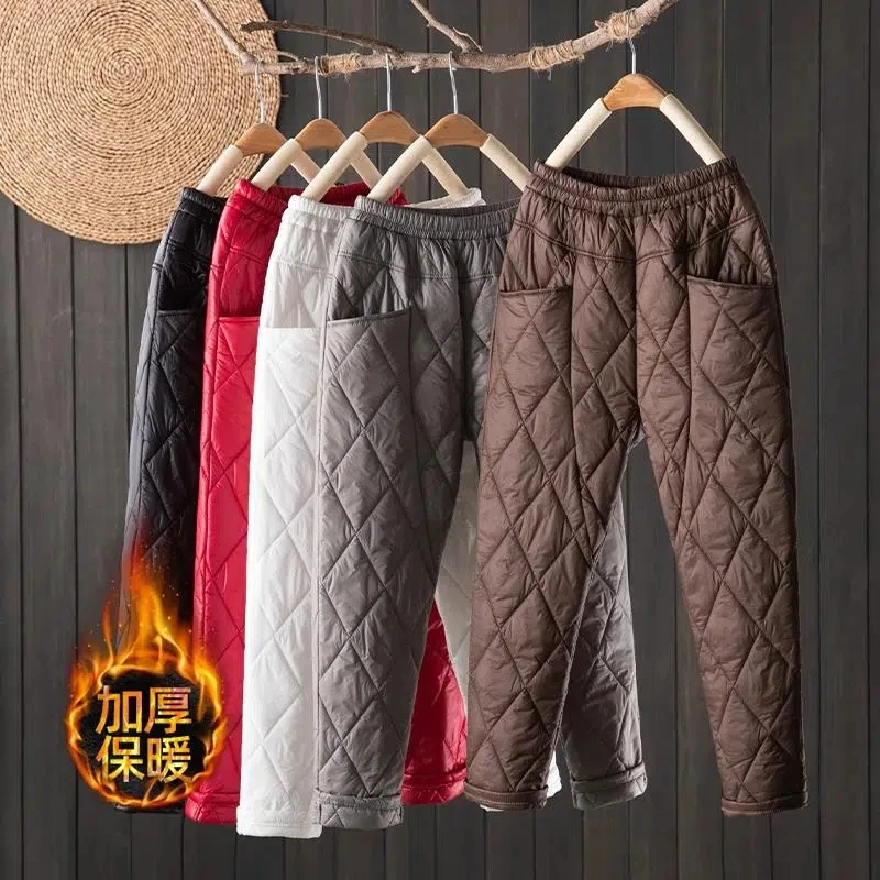 Pantalones de chándal de plumón de pato ultraligeros para mujer, cintura alta elástica, pantalones holgados de algodón, ropa de nieve, Pantalones rectos básicos, invierno, nuevo