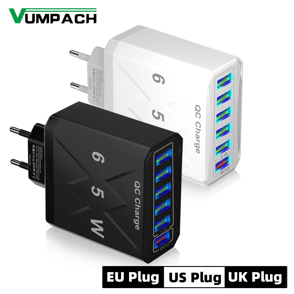 65w 6 Ports USB-Ladegerät Schnell ladung qc 3,0 Reise ladegerät für iPhone 14 Samsung Xiaomi Handy-Adapter eu kr us uk Stecker