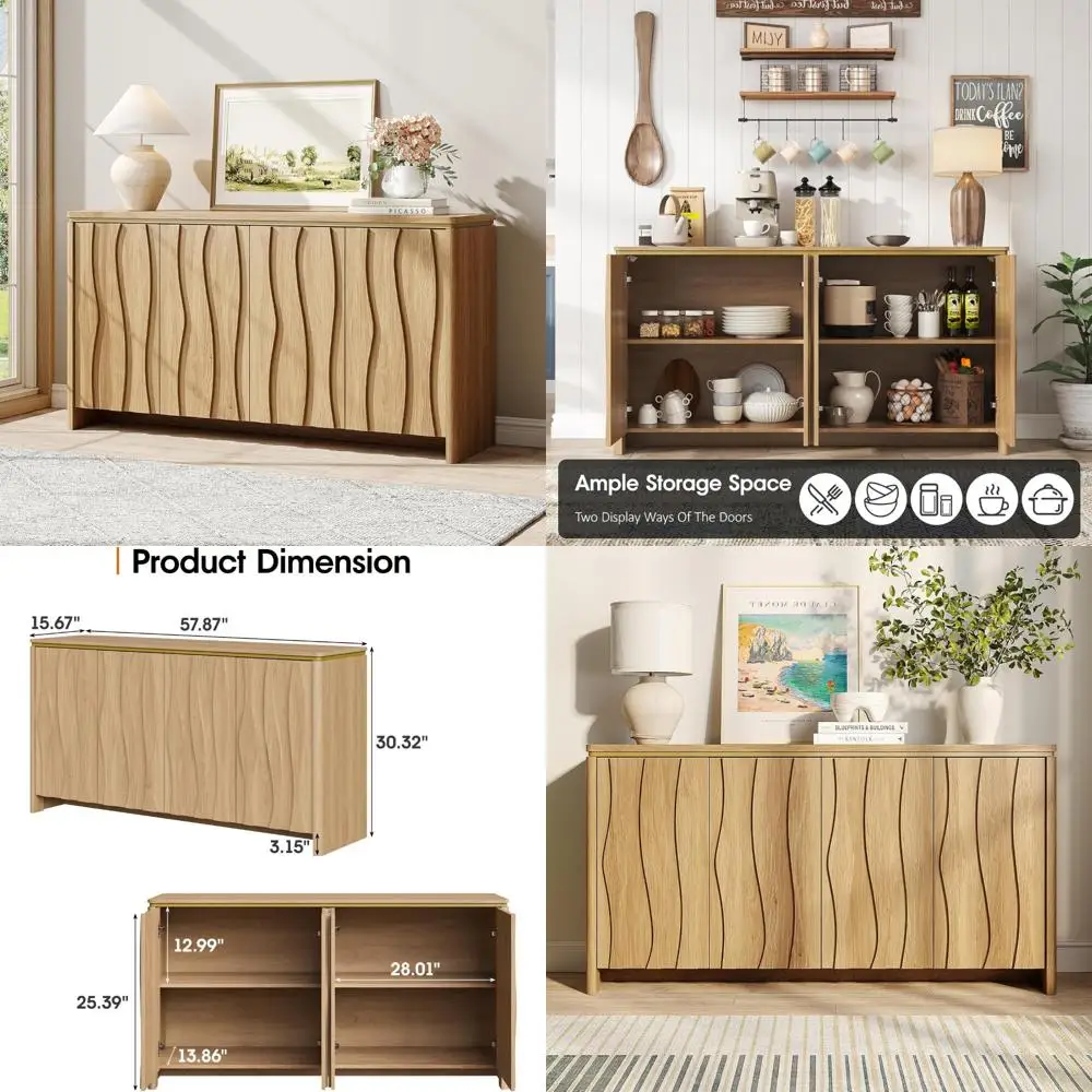 modern curved edge buffet cabinet with 3d ripple door pattern and storage for dining and kitchen areas