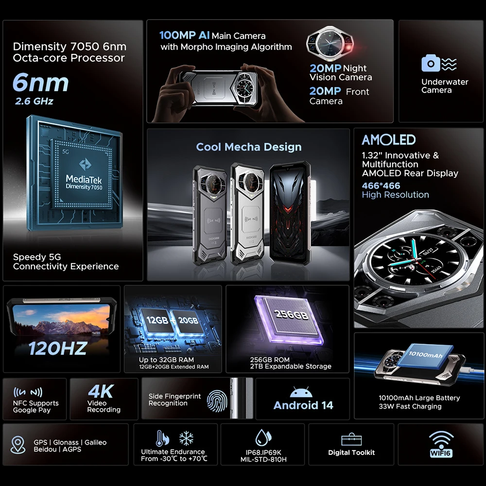 DOOGEE S200 5G هاتف متين 1.32 بوصة شاشة خلفية 10100 مللي أمبير بطارية 32 جيجابايت (12 +20) 256 جيجابايت 6.72 بوصة 100 ميجابكسل AI كاميرا رئيسية NFC 5G هاتف ذكي
