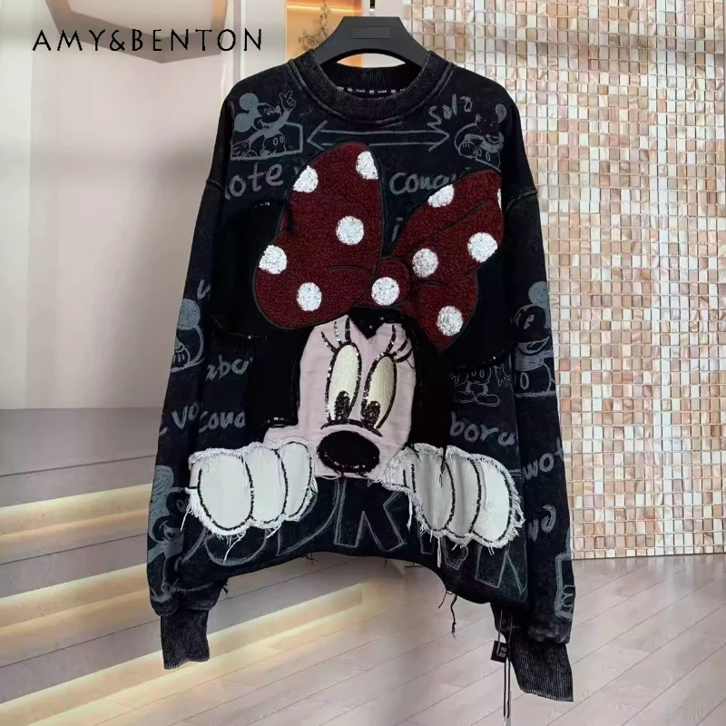 

2025 Autumn Heavy Embroidery Full Print Age-Reducing Jacket Fashion Cartoon Short Loose Crew Neck Sweatshirt For Women's Hoodies
