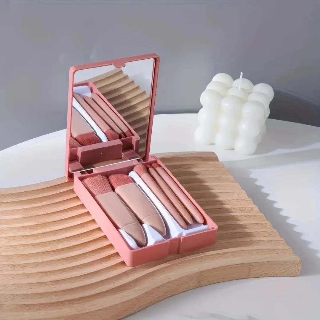 Mini Makeup Brush Set with Mirror, 5Pcs Soft Bristle Cosmetic Brushes, Portable Pink Beauty Tool for Blush Eyeshadow Foundation