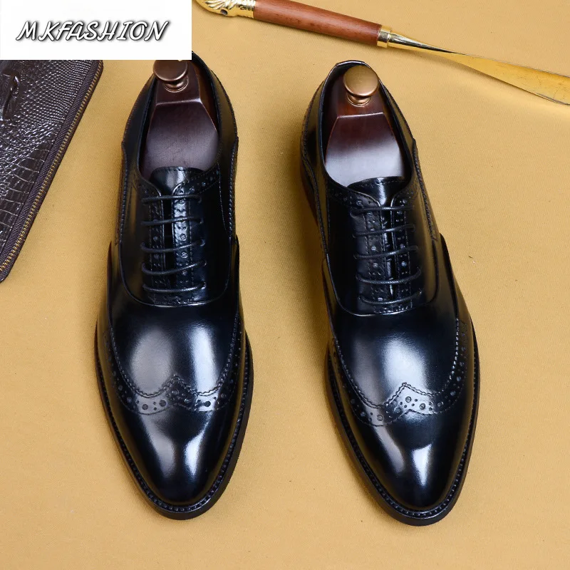 Men's Business Formal Oxford Shoes Genuine Leather Pointed Toe Lace Up Flats Wedding Footwear