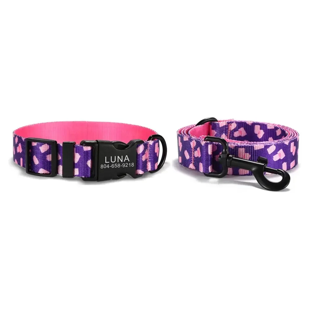 Personalized Dog Collar with Free Engraving, Matching Pet Leash,Customzied Contacts Buckle, Pink Candy Purple Pet Collar