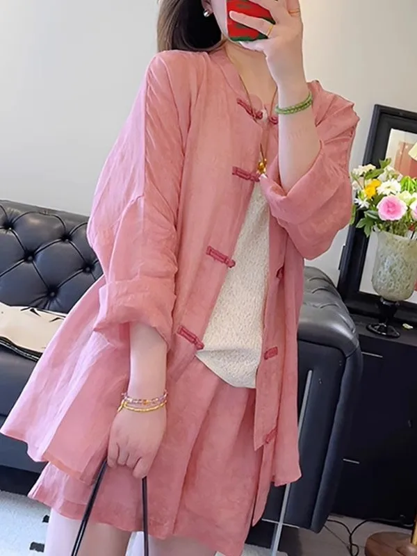 

Loose Casual Chinese Buttoned Shirt And Shorts Set Women's Fashion Summer Outfit Three-Piece Set Lightweight Long Sleeve ...