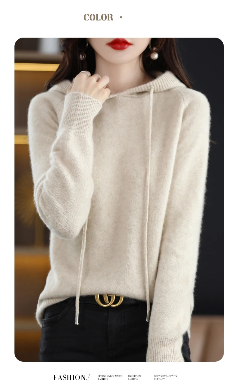 Mit kapuze Pullover Mode Frauen Herbst Winter Lange Ärmel Einfarbig Gestrickte Hoodies Dame Lose Kordelzug Casual Pullover Hoodie – Detail 3