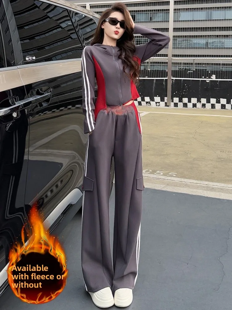 

Trendy Thickened Fleece Winter Sports Set Women's Grey Hoodie Wide Leg Workwear Pants Two Piece Set Casual Comfortable Style