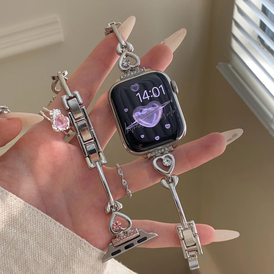 حزام ماسي أنيق على شكل قلب لسلسلة ساعات أبل 11 10 9 8 7 6 SE 5 UItra 3 iWatch 49/46/45/44/42/41/40/38 مللي متر سوار مجوهرات