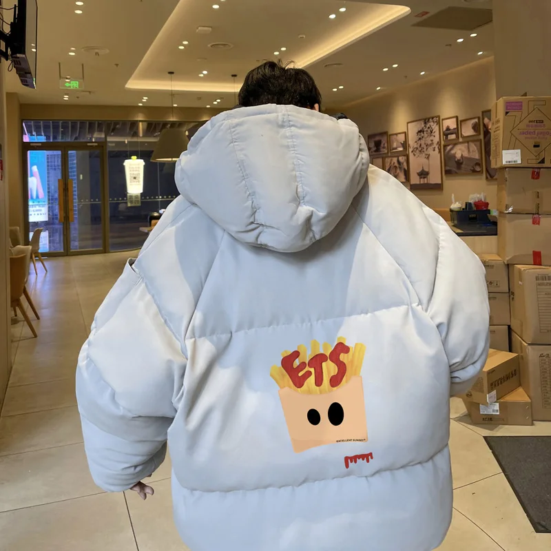 Chaqueta de pan de invierno a la moda para hombre, Parkas cálidas para hombre, abrigo de algodón con estampado de patatas fritas de talla grande, ropa de gran tamaño para hombre 2024