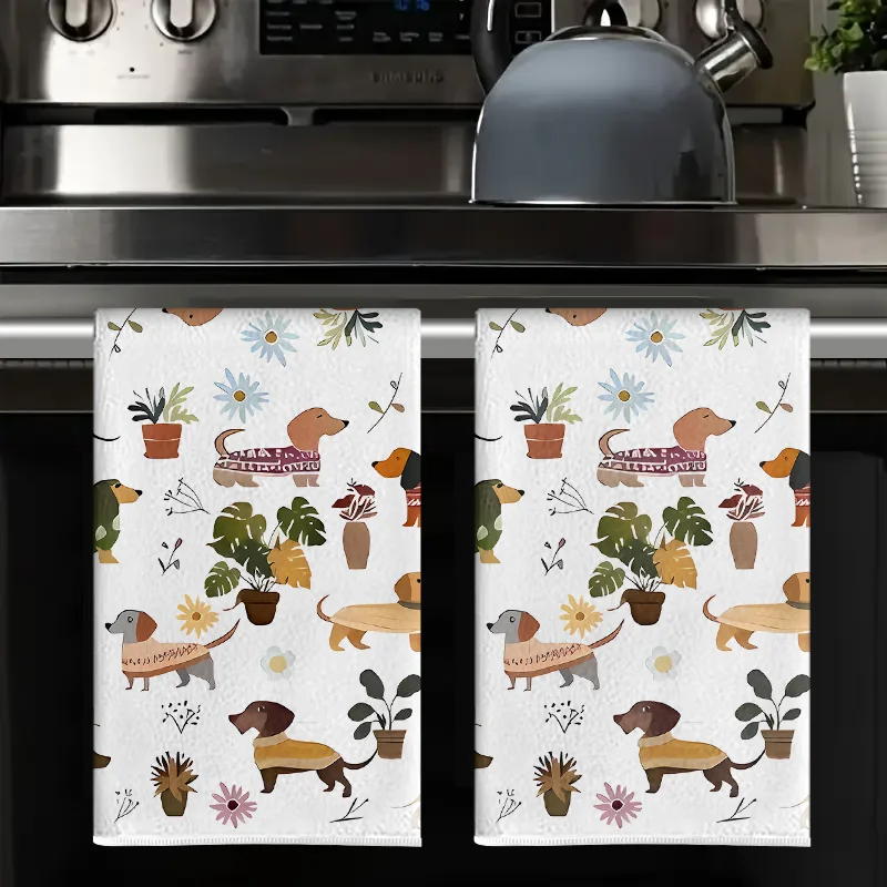 2Pcs, Plant-Based Dachshund Kitchen Towels, 40Cm*60Cm Towel Set, Super Absorbent Soft Cleaning Cloth, Cooking and Baking Tea Towel, Hand Towel, Cleaning Cloth, Dishcloth, Kitchen Decoration, Living Room Decorations, Kitchen Essentials, Home Essentials