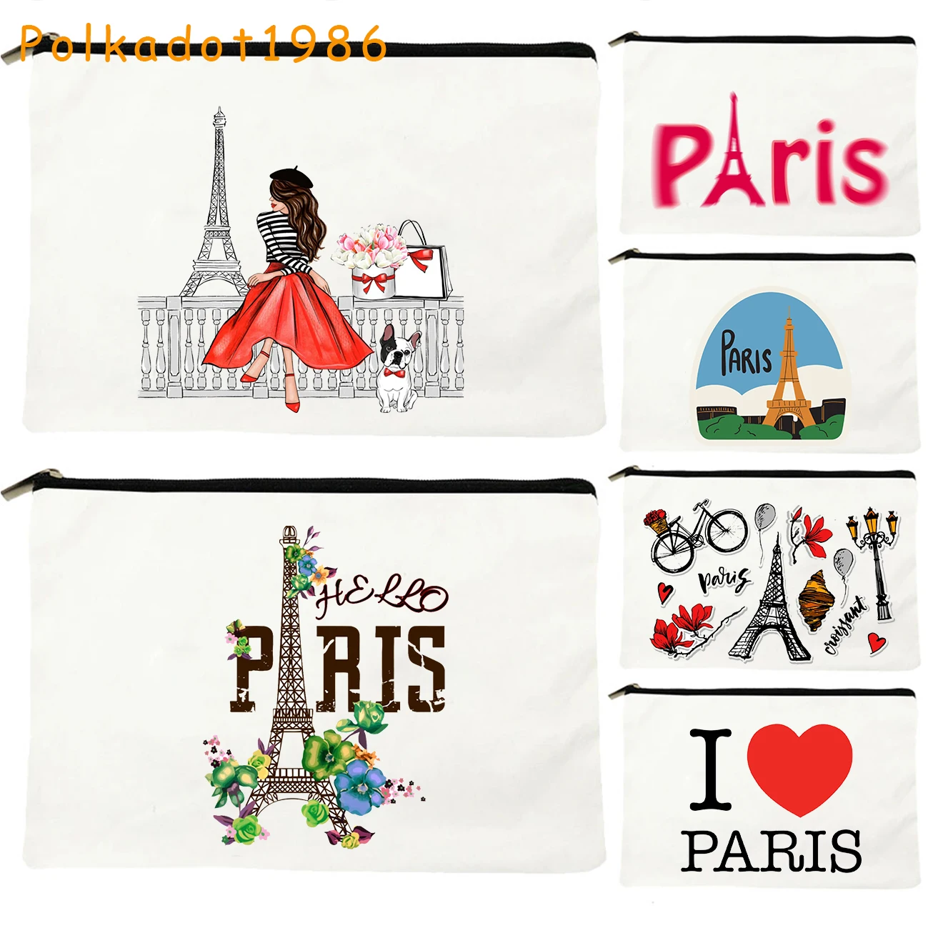 

Love Paris Life France Map Flag Eiffel Tower City Landmarks Cute Pug Canvas Cosmetic Bag Girl Toilet Makeup Bag Pencil Case Gift