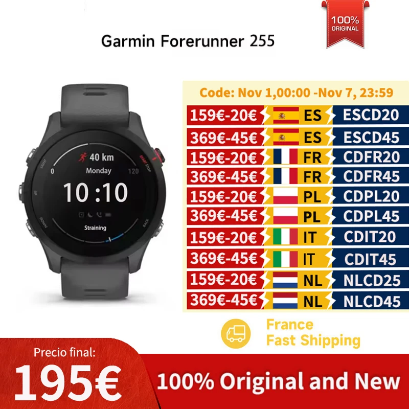 Garmin Forerunner 255 sport Smartwatch 46mm 1.3 ''écran couleur 14 jours d'autonomie de la batterie 4GB RAM NFC Bluetooth Wifi 5ATM étanche