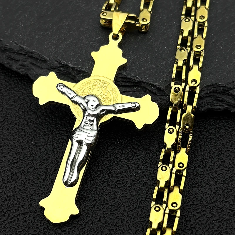 

Catholic Jesus Crucifix Cross Pendant Necklace for Women Men Stainless Steel Gold Color Saint Benedict Cspb Chain Jewelry Gift