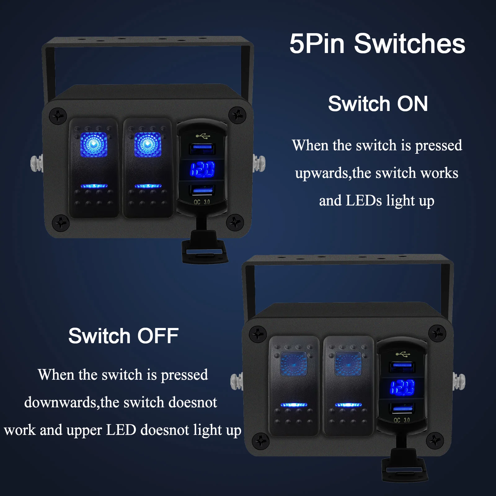 Caja de interruptor basculante de 3 bandas, 12V, 5 pines, interruptor de encendido y apagado, PD tipo C y QC 3,0, cargador USB, voltímetro azul, caja de aluminio, Panel de interruptor basculante