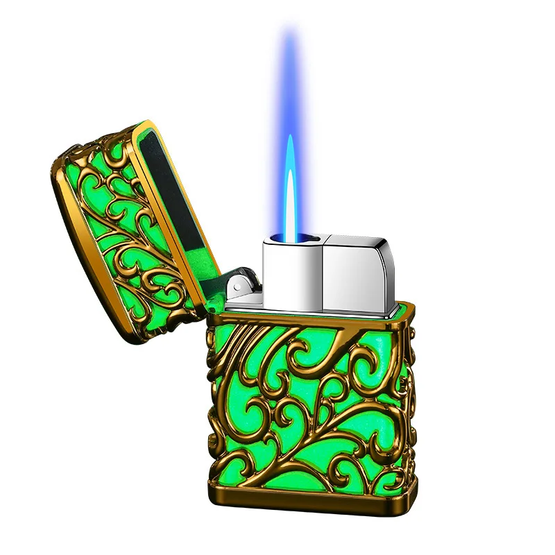 Vendita calda 3D Tang Grass Lighter Metal antivento Blue Flame Turbo Torch accendino gonfiabile a Gas butano accendino da esterno