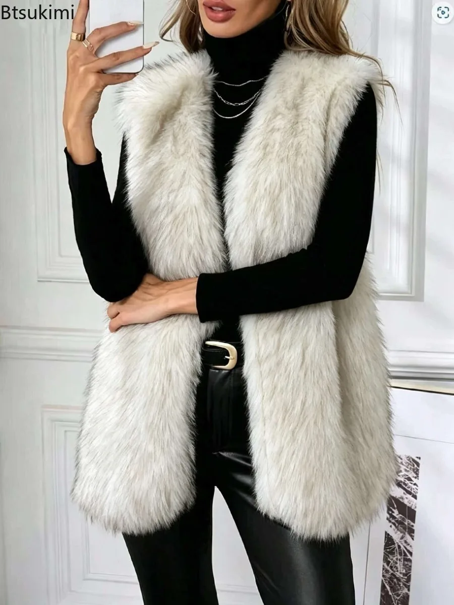 Women V‑Neck Faux Fur Sleeveless Vest Open Front Fluffy Plush Loose Fit Warm Autumn Winter Party Street Casual Daily Waistcoat