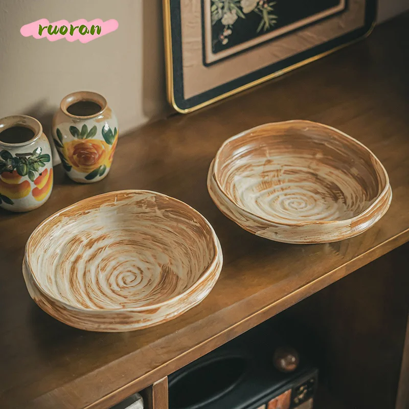 Artistic Coarse Pottery Three Footed Tray Fruit Plate Salad Bowl Irregular Ceramic Dish for Home and Homestay