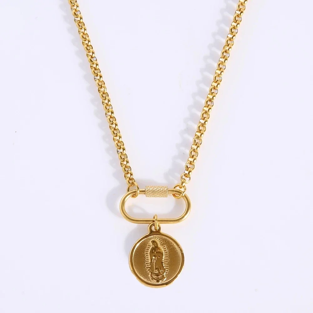 Collar de acero inoxidable de la Virgen María para mujer, collar de Medalla de la Virgen María de Metal, gargantilla de mosquetón religiosa para niñas