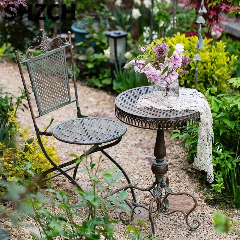 European Vintage Iron Garden Table Foldable Coffee Chairs for Outdoor Terrace Decor with Do Old Design Durable Garden Furniture