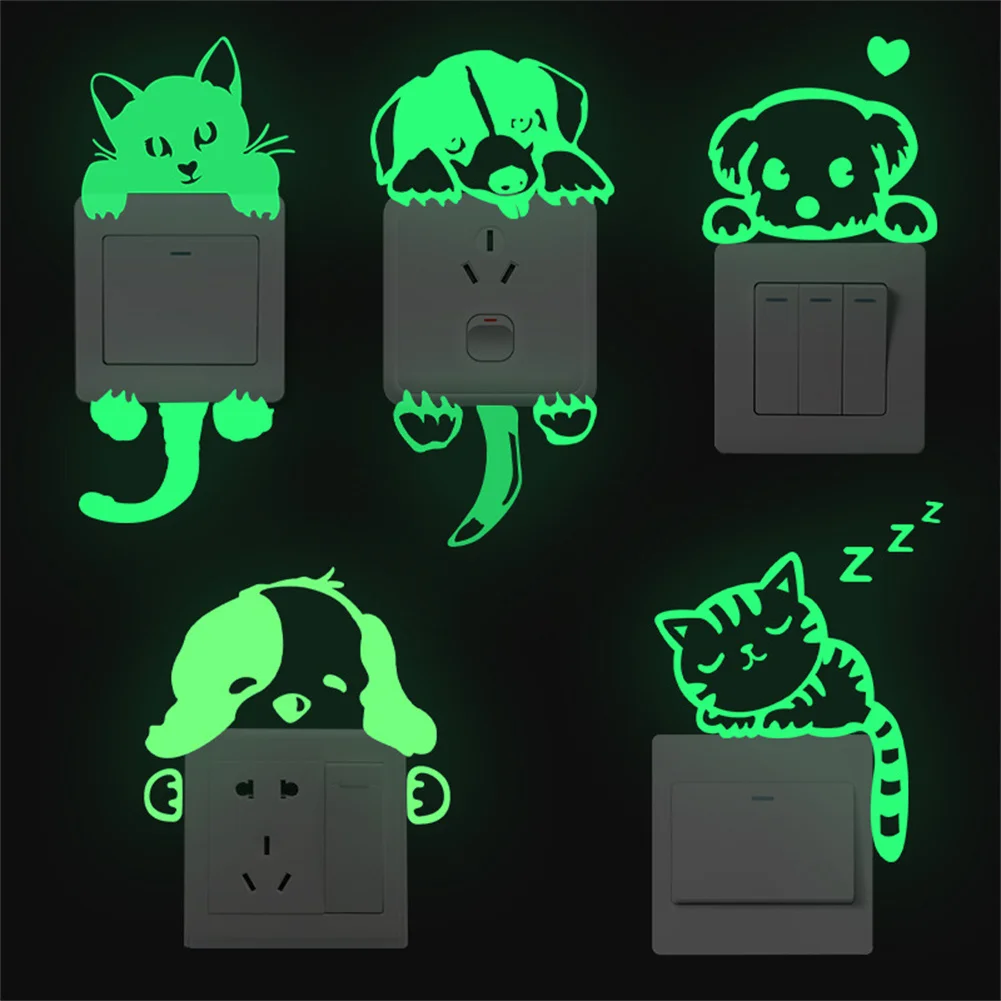 Luminous Switch Sticker Cartoon Cute Cats Dogs Pattern Decorative Wall Decals For Children Room Living Room Bedroom