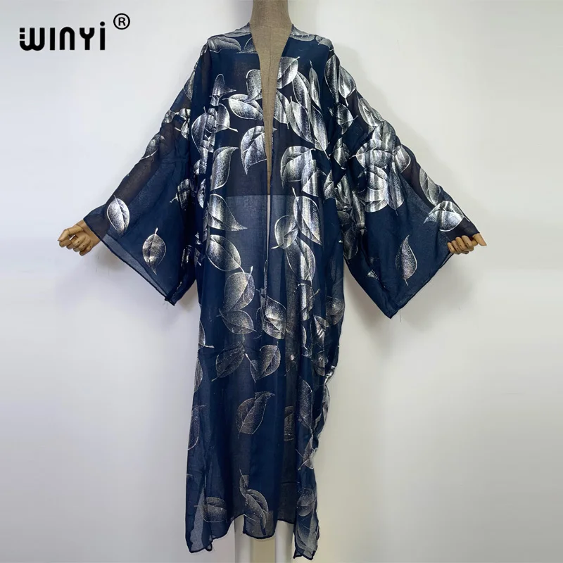 2022 Autumn WINYI new sexy Bronzing leaf printing Beach Wear Swim Suit Cover coat Elegant Women Boho Long Sleeve Kimono dress