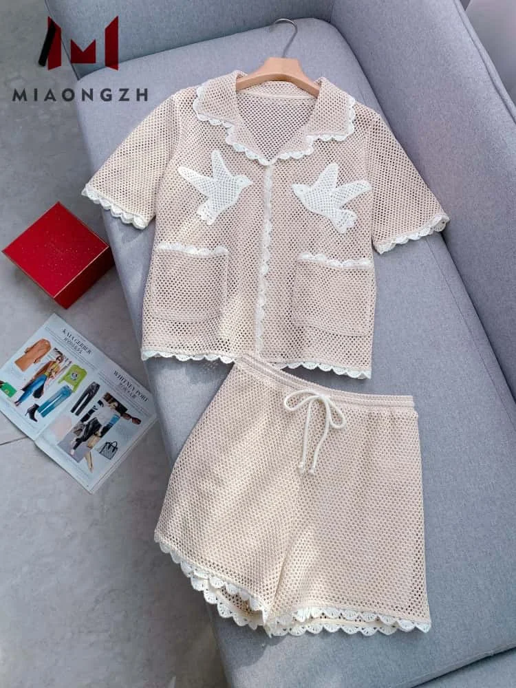 

High Quality Fashion Vintage Crochet Hollow Out Embroidered Sets For Women Short Sleeve Shorts Or High Waist Shorts Luxury Suit