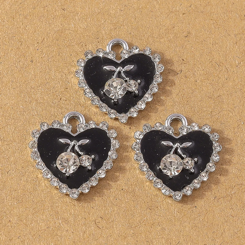 10pcs Chic Enamel Crystal Cherry Love Heart Charms Pendants for Necklace Earrings DIY Bracelet Jewelry Accessories Supplies