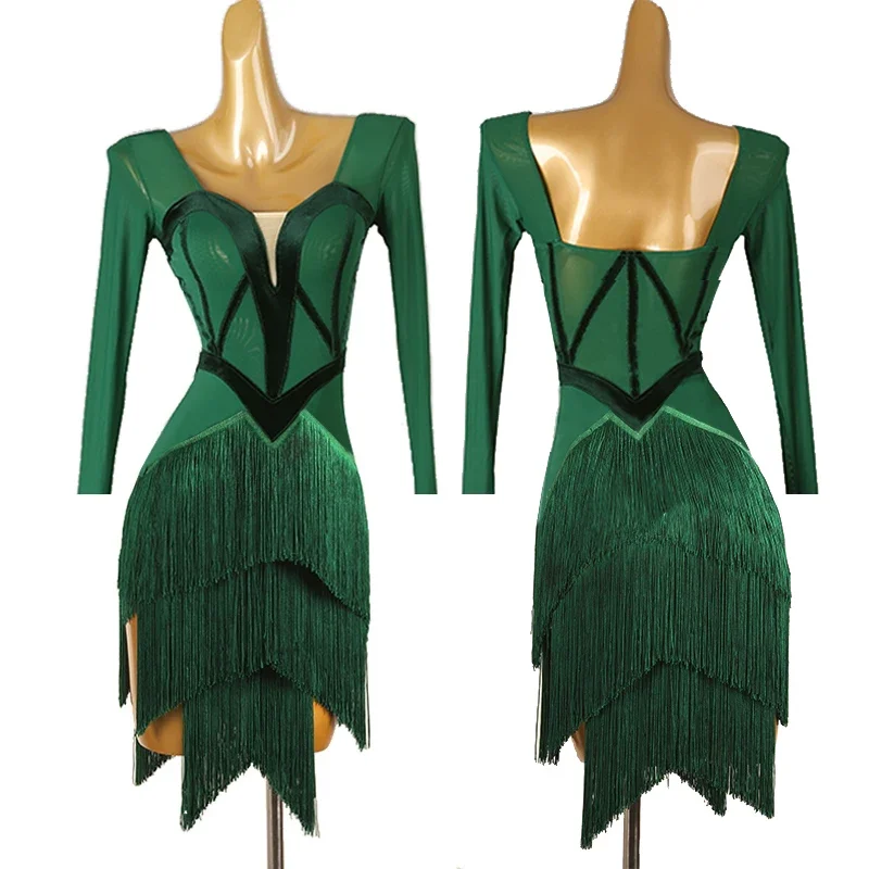

Women Sexy Green Fringed Dress Adult Chcha Rumba Tango Female Latin Clothes Latin Dance Performance Dress