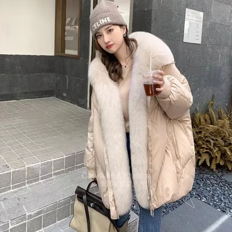 

2023 Fashion New Winter Long Fur Coat Women's Warm Goose Down Jacket Real Fox Collar Thick Women Coat Luxury Female Outerwear