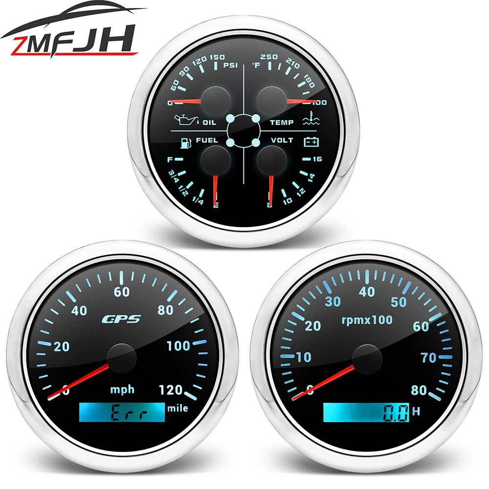 85mm 3 Gauge Set GPS Speedometer + Tachometer+ 4 in 1 Oil Pressure Water Temp Fuel Level Volt Gauge With Sensors For Marine Boat