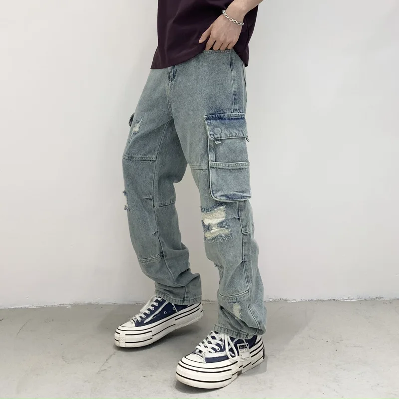 newy2k men's high-quality retro work pants with washed pockets and decorative water, nostalgic stretch slim fit, washed
