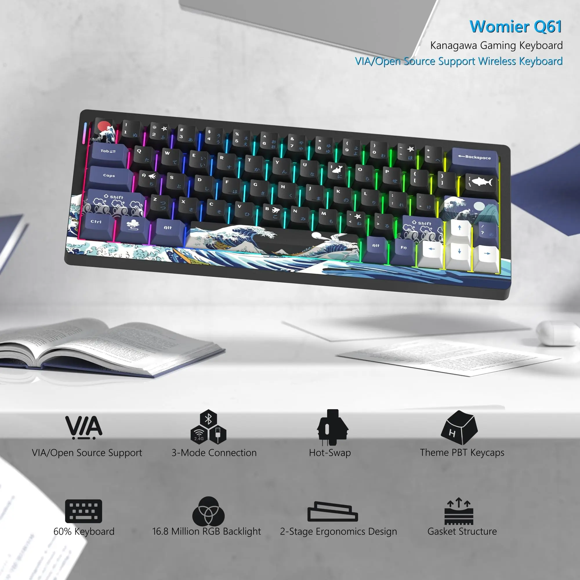Womier Q61 60% لوحة مفاتيح ميكانيكية لاسلكية حشية قابلة للتبديل السريع 3-وضع عبر/QMK لوحة مفاتيح ألعاب مخصصة بإضاءة خلفية RGB قابلة للبرمجة