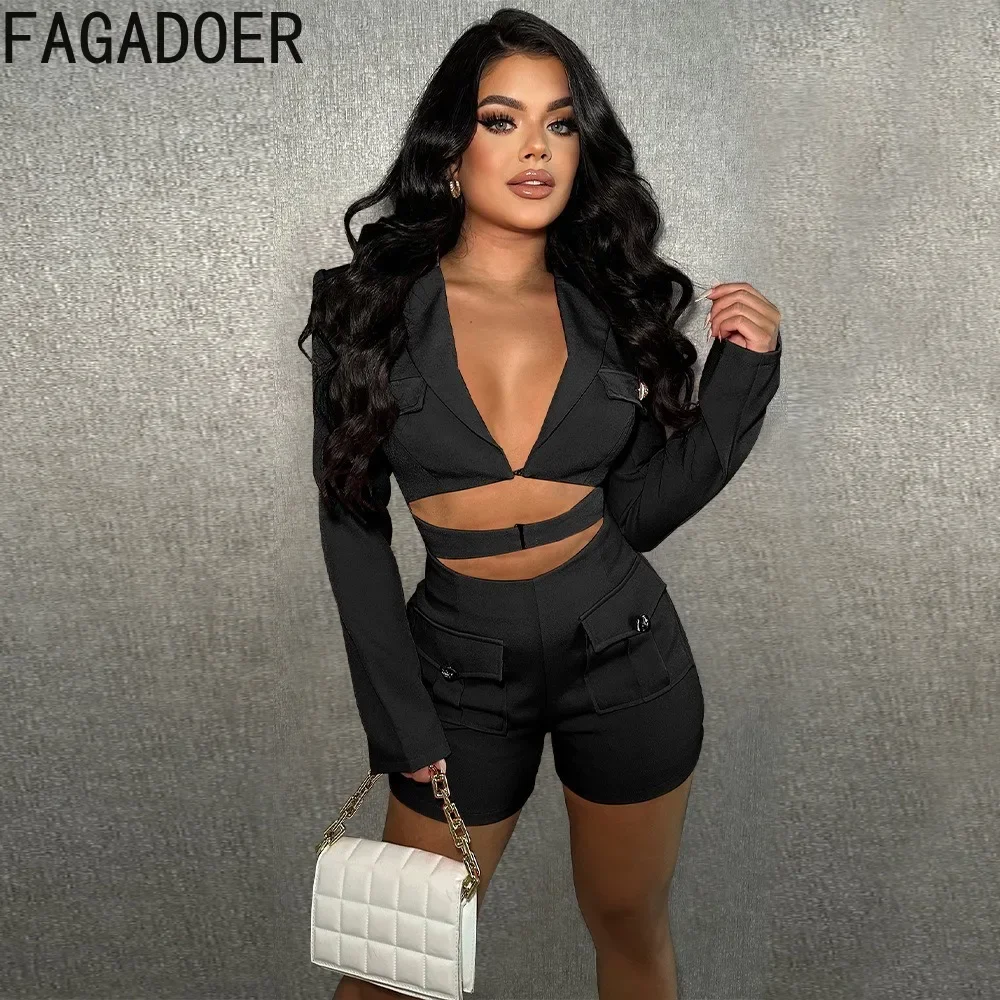 

FAGADOER Sexy Deep V Hollow Rompers Women Turndown Collar Long Sleeve Slim Jumpsuits Female Solid OL Pocket One Piece Playsuits