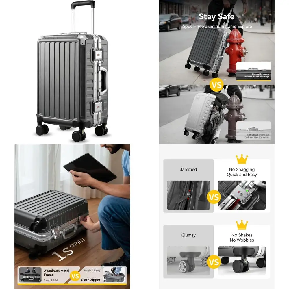

20-дюймовый спиннерный чемодан LUGGEX с алюминиевой рамой, чемодан с твердым корпусом из поликарбоната без молнии с угольной металлической отделкой