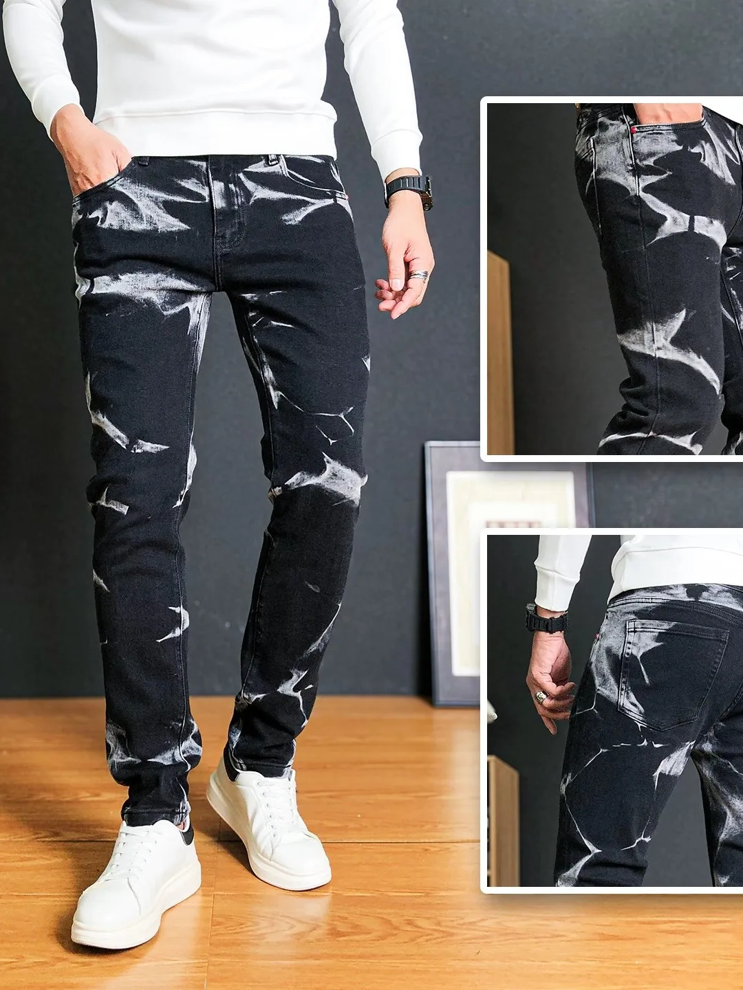 

Высококачественные мужские облегающие повседневные джинсы с чернильной талией, осенне-зимняя модная универсальная новинка 2025 года, хлопковая со средней талией и каменной талией...