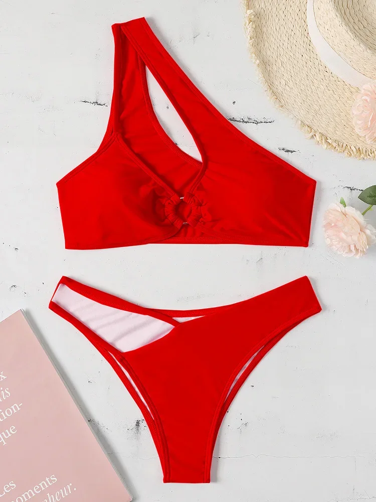 Sexy assimétrico um ombro biquíni feminino maiô feminino banho de duas peças conjunto de biquíni alta corte banhista natação