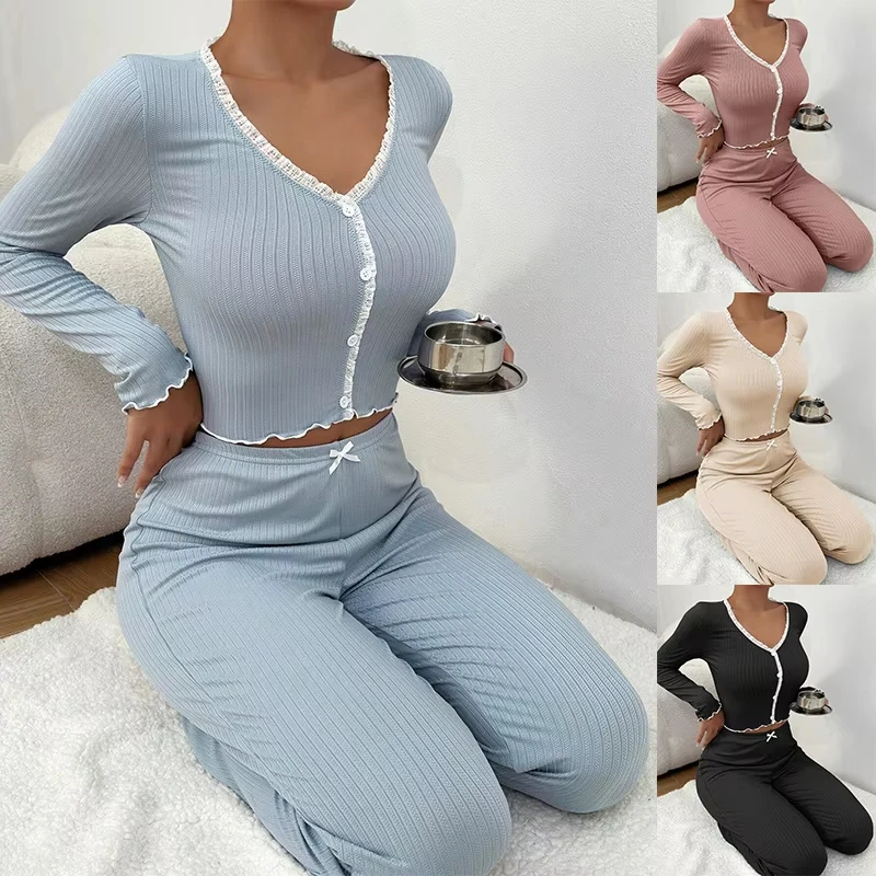 2025 Otoño Invierno conjunto de Pijamas para el hogar para mujer camisa de manga larga pantalones 2 piezas Pijamas de encaje Sexy ropa de dormir ropa de descanso