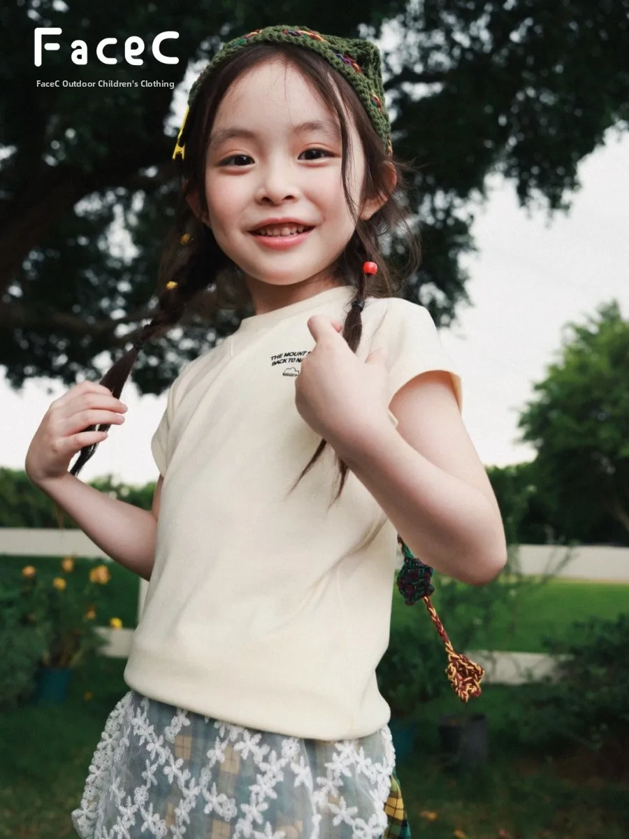 

FaceC Summer 2026 Girls' Simple Outdoor Sports Short Sleeve T-Shirt Camping Style Top Breathable round Neck Cotton Blend
