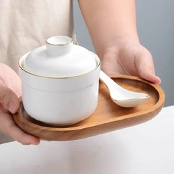 Round Gold-painted Soup Cup Steamed Bowl with Lid Stew with Tray Spoon Bird's Nest Sea Cucumber Steamed Egg Cup Dessert Stew Pot