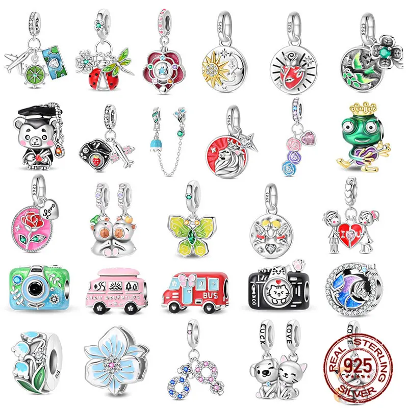100% 925 Sterling Silver Romantic Travel Camera Cute Bear Graduation Couple Pendant Original Fit DIY Jewelry Gift Women's Style