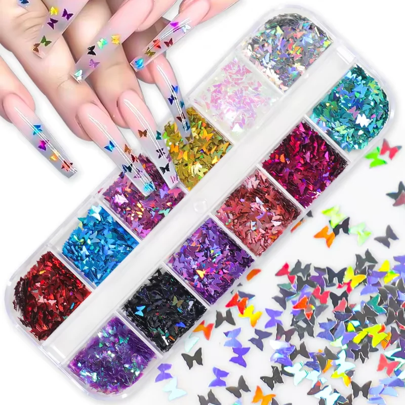 Holographic Sweet Love Heart Nail Art Glitter Paillettes Brillante Laser Fluorescenza Stella Farfalla 3D Decorazioni per unghie Accessori